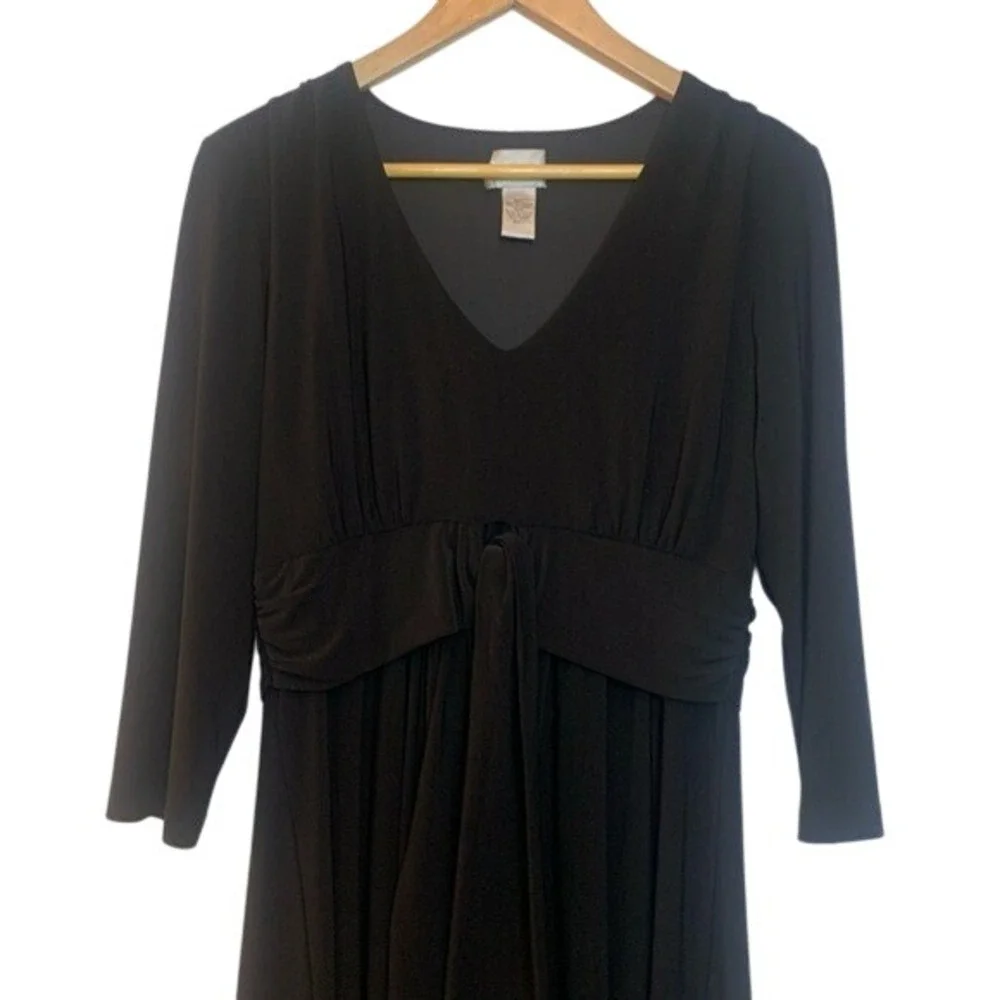 Chico's Black Stretch Dress V-Neck Peplum Tie-At-Waist 3/4 Sleeve Sz Medium (1)‎ - Picture 2 of 13